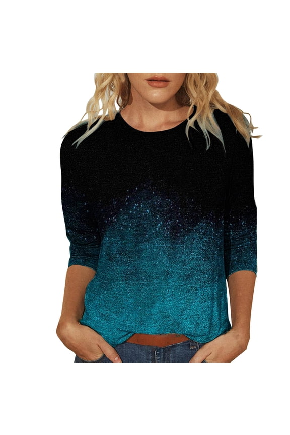 Shirts for Women Spring Summer Round Neck Flower Print T Shirt Loose Casual 3/4 Sleeve Soft Polyester Spandex Blend L Size Spring Summer Womens Tops