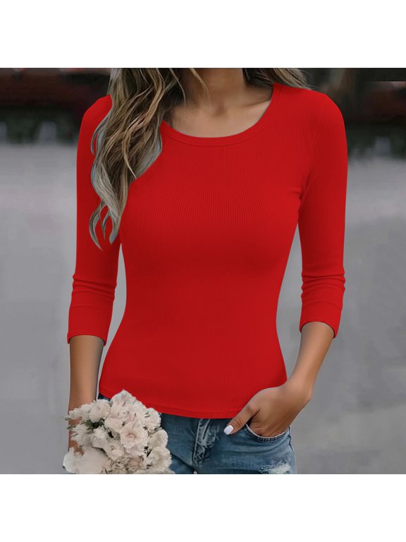 Shirts for Women Spring and Summer Pure Color Stripes High Elastic Long Sleeved Undershirt Top