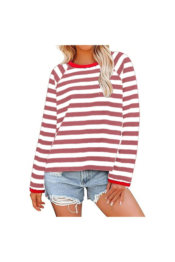 Shirts for Women Striped Tunic Tops Casual Long Sleeve Crew Neck Blouses Loose Color Block Tshirts Fall Y2K Clothes