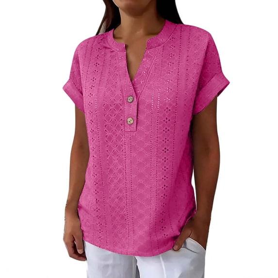 Shirts for Women Summer Button up Short Sleeve V Neck Solid Color Comfy Blouses Casual Dressy Tunic Workout Tops for Women Hot Pink