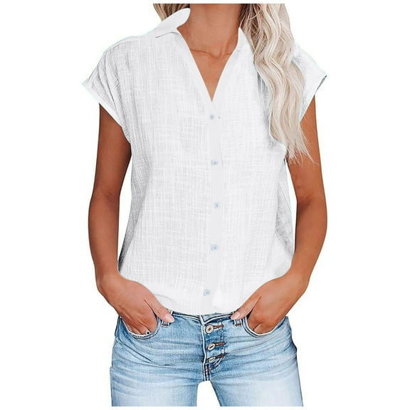 Shirts for Women Summer Linen Breathable Lapel T-Shirt Casual Button Down Blouses Top Solid Color Loose Short Sleeve Cotton Linen Work Shirt Tops