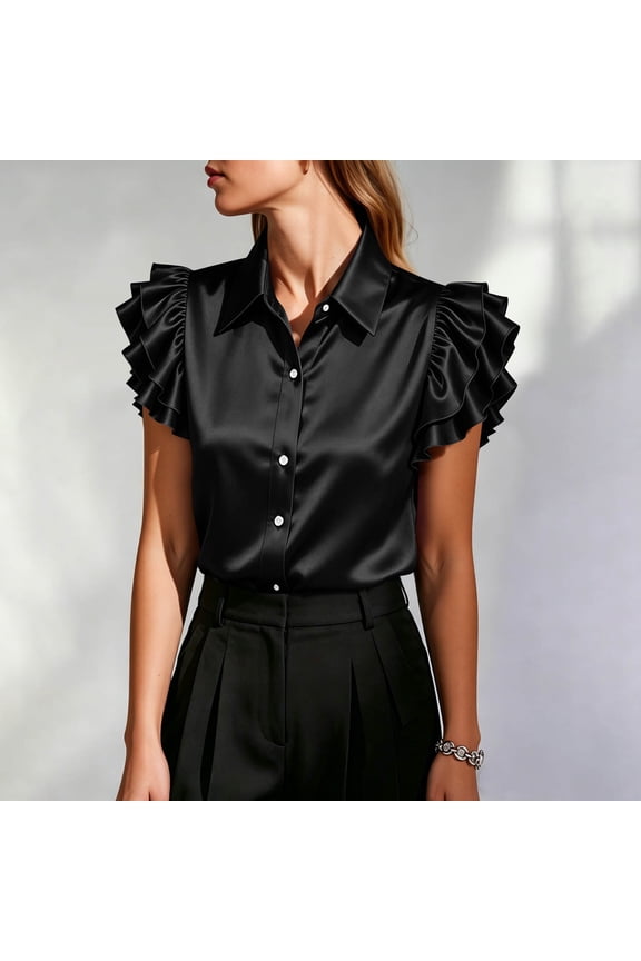 Shirts for Women Summer Ruffled Flutter Sleeve Tops Womens Satin Button Down Lapel Collared Dressy Casual Blouses