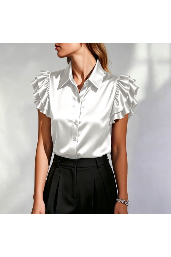 Shirts for Women Summer Ruffled Flutter Sleeve Tops Womens Satin Button Down Lapel Collared Dressy Casual Blouses