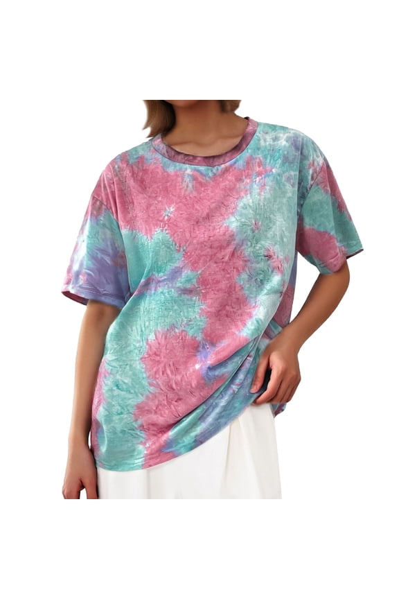 Shirts for Women Tie Dye Short Sleeve Round Neck Tees Casual Summer Tops Women's T Shirts Pink M