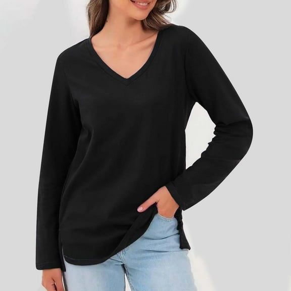 Shirts for Women Trendy 2025 V Neck Long Sleeve Solid Basic Tee Loose Casual Lightweight Comfy Side Split Blouse Tops Black L