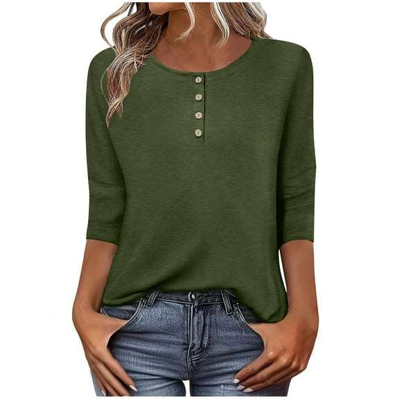 Shirts for Women Trendy 3/4 Sleeves Crew Neck Button Tops Casual Loose Fit Daily Work Sports T Shirts