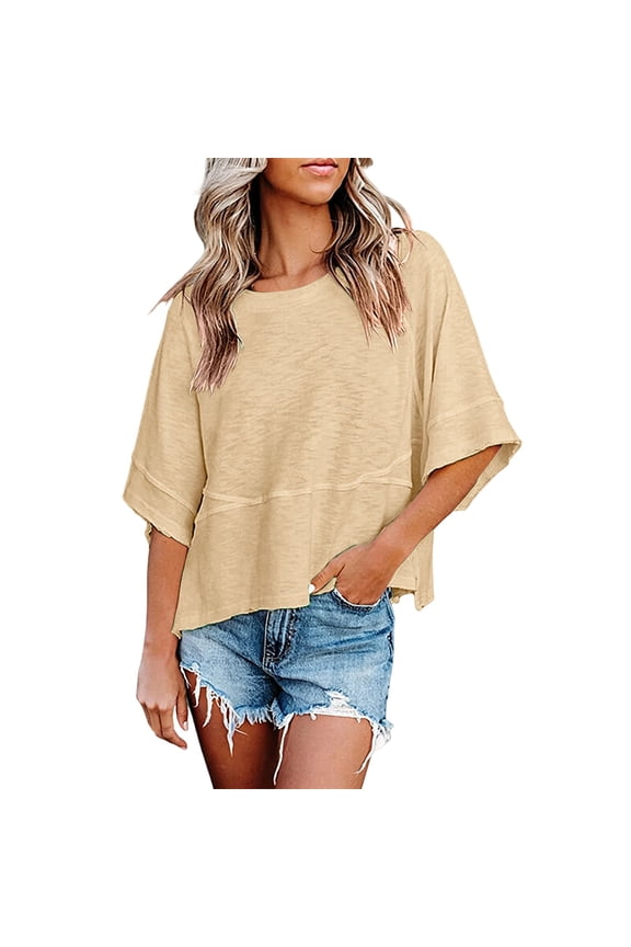 Shirts for Women Trendy Crewneck Batwing Half Sleeve Tee, Color Patch Bell Sleeve Loose Summer Top Women's Tops, Tees & Blouses1 PC