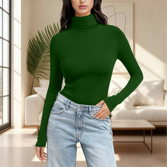 Shirts for Women Trendy Fall New Women's Fitted Solid Color High-Neck Regular Long Sleeve Crewneck T-Shirt Style B-2 Army Green L