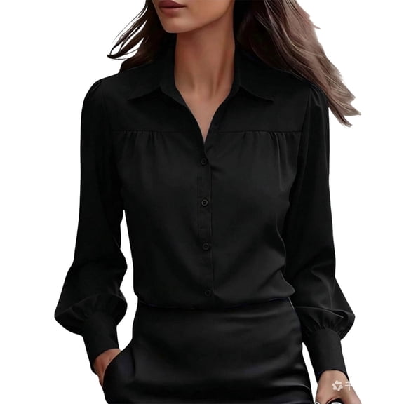 Shirts for Women Trendy Long Sleeve Puff Sleeve Blouse for Women Solid Button Down Ruffle Detail Turn Down Collar Loose Fit Black L