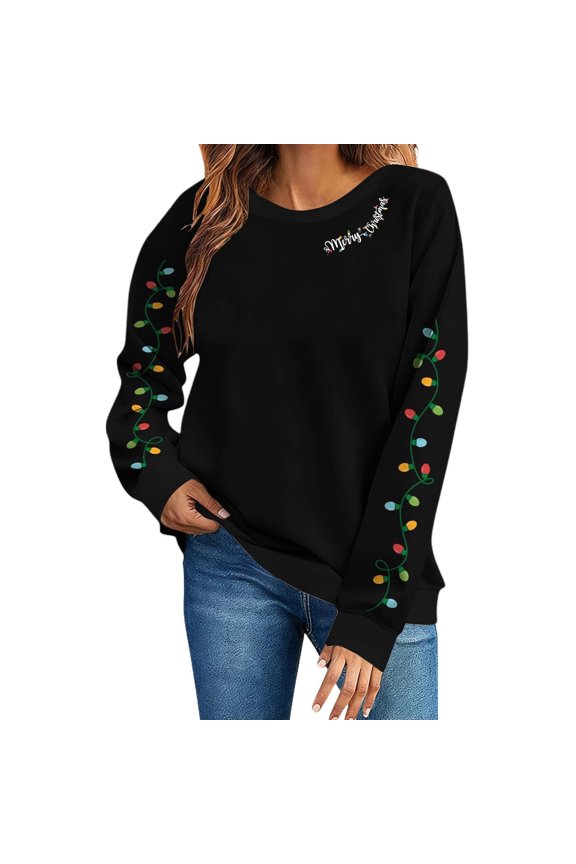 Shirts for Women Trendy Round Neck Merry Christmas Printed Long Sleeved Top Sweatshirts Lightweight Base Layer Undershirt Tees