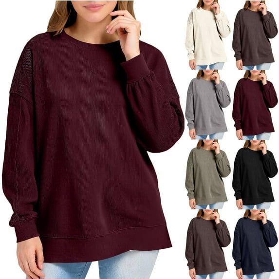 Shirts for Women Trendy Solid Color Crew-Neck Casual Long-Sleeved Pullover Hoodie Lightweight Base Layer Undershirt Tees
