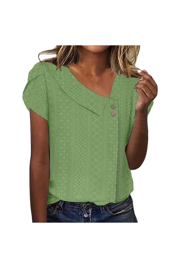 Shirts for Women Trendy Summer 2025 Short Petal Sleeve V Neck Petite Tops Cute Embroidery Eyelet Tunic Blouses