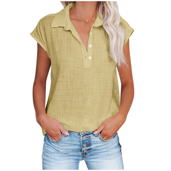 Shirts for Women Trendy Summer Cotton Linen Short Sleeve Tops Collared Button Down Causal Blouse Laides Clothing 2023 Khaki,XL