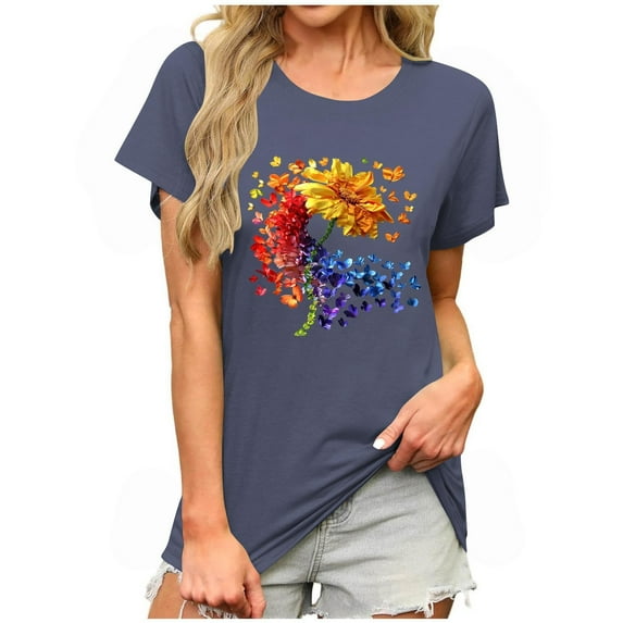 Shirts for Women Trendy on Sale Womens Graphic Tees Casual Summer Short Sleeve Vintage Floral T Shirts Women Crew Neck Tops New R-Dark Blue L