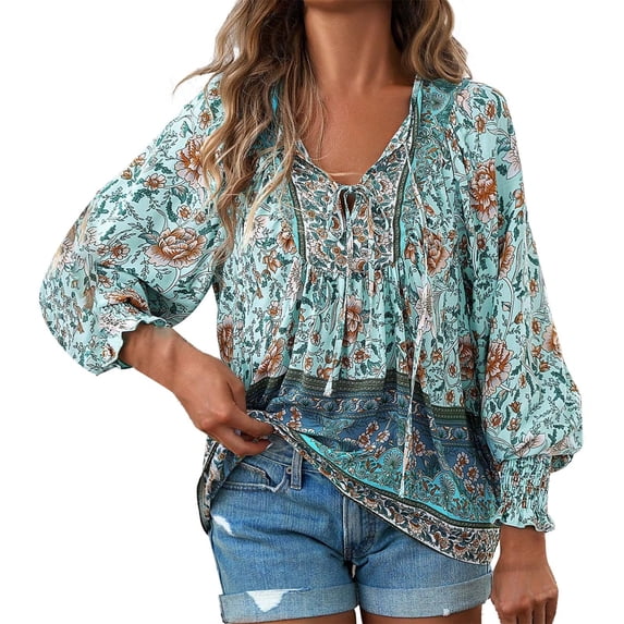 Shirts for Women V-Neck Tie Casual Printed Fashion Shirt Long Sleeve Top Womens Fashion Clothing