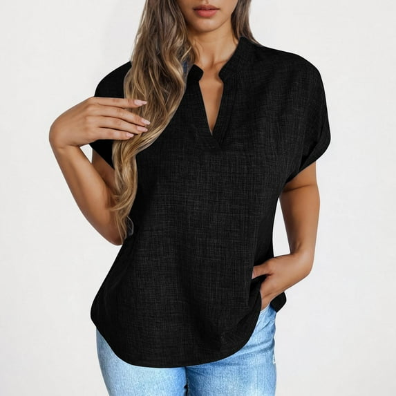 Shirts for Women V-neck Solid Color Short Sleeved Casual Loose T-shirt Black M