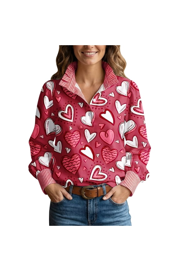 Shirts for Women, Valentine's Day Love Pattern Tops, Ruffled Stand Up Collar Casual Blouse