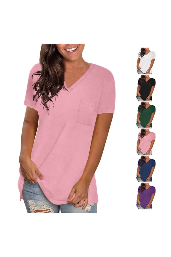 2026 Womens Short Sleeve Summer Casual Tee Tops Vmvidoty Women's Core Active Short Sleeve V-Neck Cute Fit Shirts Pink M