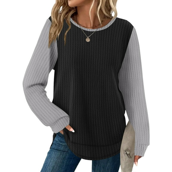 Shirts for Women Waffle Knit Contrast Long Sleeve Shirts Dressy Tunics Casual Crewneck T Shirts Black XL
