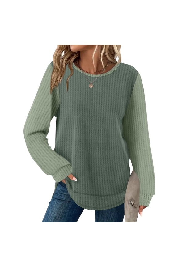 Shirts for Women Waffle Knit Contrast Long Sleeve Shirts Dressy Tunics Casual Crewneck T Shirts Green S