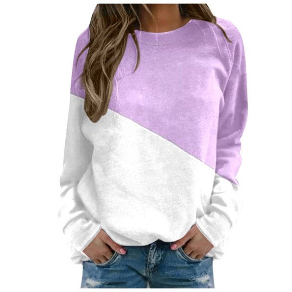 Shirts for Women Winter Loose Fit Crew Neck Long-sleeved Bell Drop Shoulder Colorblock Pullover Cotton T Shirt Pullovers(Light Purple,S)