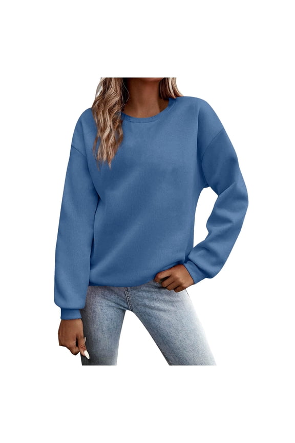Shirts for Women Winter Relaxed Fit Crewneck Long Sleeve Dolman One Shoulder with Pocket Solid Color Leisure Cotton Pullovers Tunics Tops(Blue,S)
