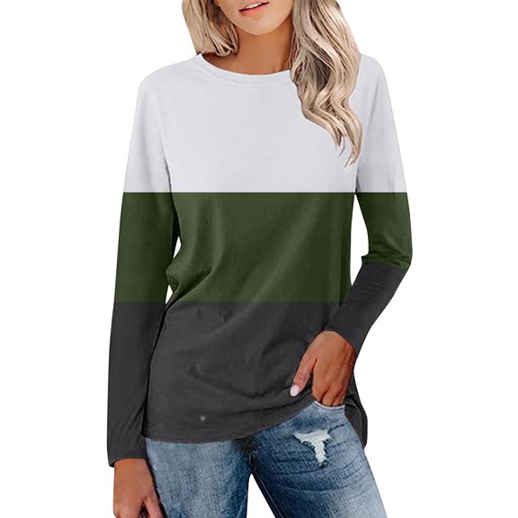 Shirts for Women Women's Loose Casual Leisure Long Sleeve Round Neck Collar Patchwork T-Shirt Top