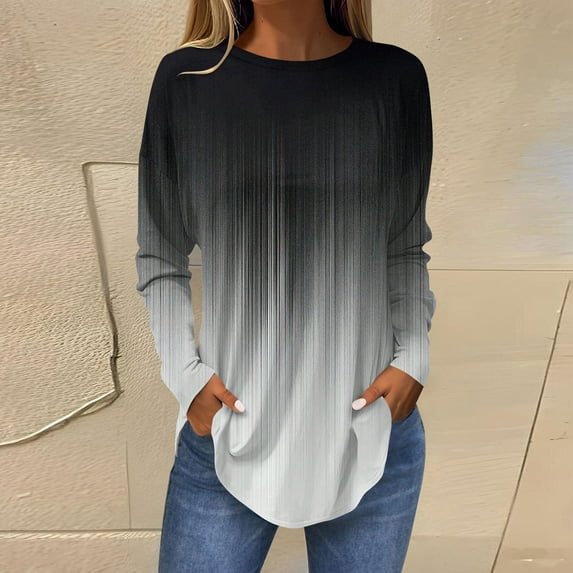 Shirts for Women Women's Loose Round Neck Print Long Sleeve T-Shirt Top Pullover
