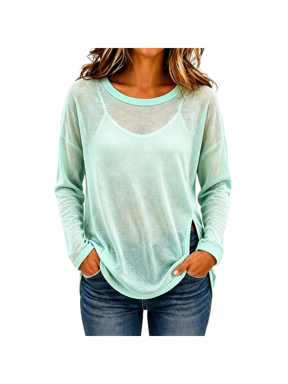 Shirts for Women, Women's Oversized Sheer Mesh Knit Sweater, Long Sleeve Sunscreen Pullover Tops, Lightweight See Through Cover Ups