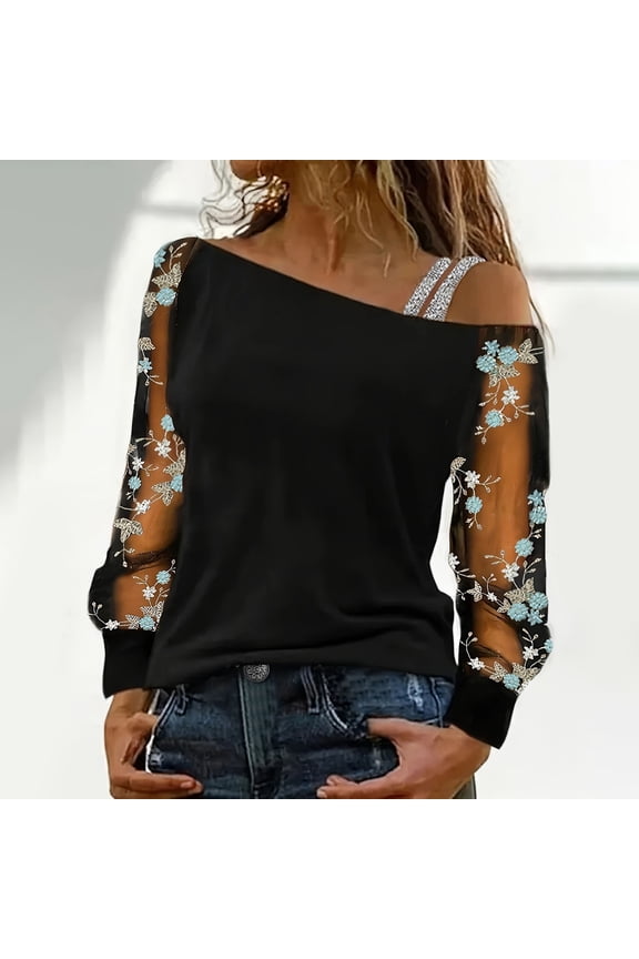 Shirts for Women Women's Slant Neck Mesh Off The Shoulder Long Sleeve T Shirt Fashion Line Neck Base Top