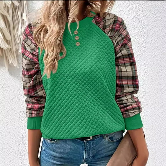Shirts for Women, Womens Waffle Plaid Casual Long Sleeve Crewneck Sweatshirt Oversized Loose Fall Pullover Shirts Tops