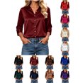 thumbnail image 1 of Shirts for Women Zaewscy Women's Satin Button Down Shirt Point Collar 3/4 Sleeve Elegant Casual Blouse Wine XL, 1 of 8