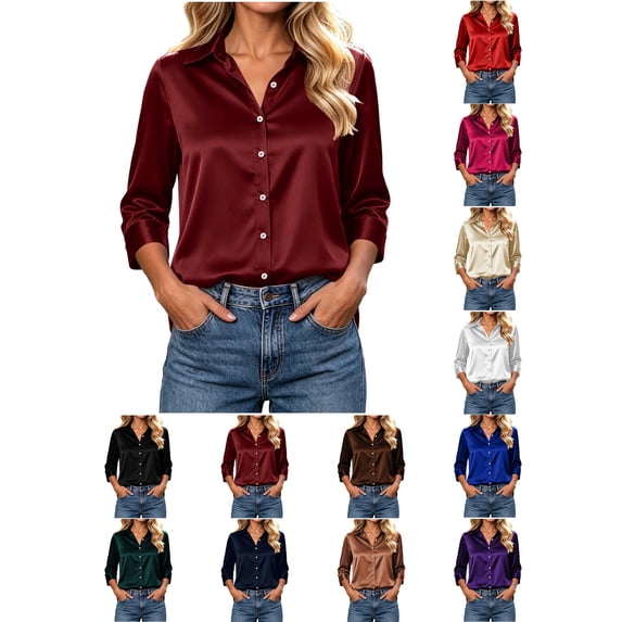 Shirts for Women Zaewscy Women's Satin Button Down Shirt Point Collar 3/4 Sleeve Elegant Casual Blouse Wine XL