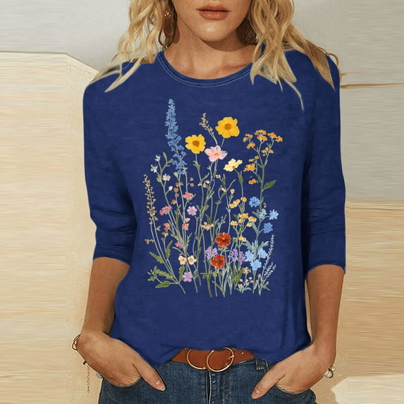 Shirts for Women under $10 3/4 Sleeve Round Neck Printed T-shirt Pullover Blouse Blue S