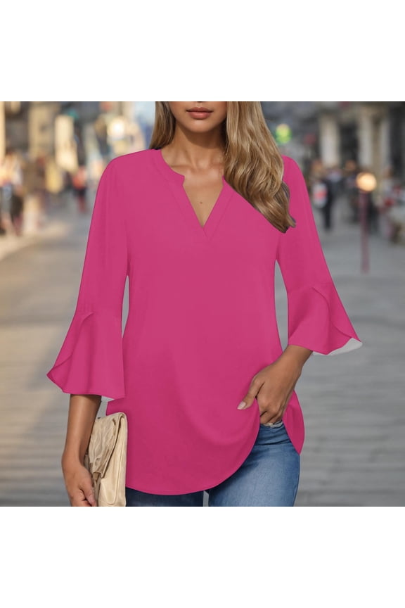 Shirts for Women under $10 3/4 Sleeves V-Neck Flare Sleeve Summer Solid T-shirt Pullover Blouse Pink S