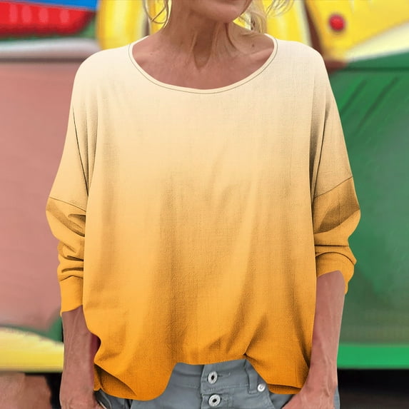 Shirts for Women under $10 Round Neck Long Sleeved Gradient Solid Color T-shirt Top Yellow L