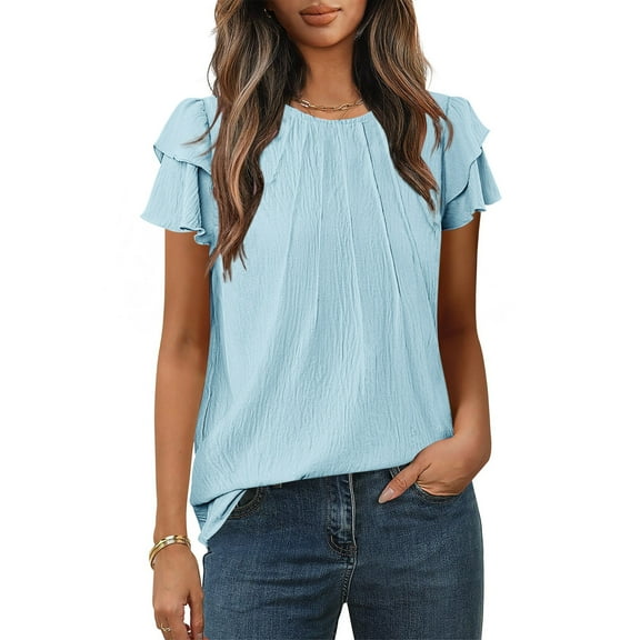 Shirts for Women under $10 Ruffle Sleeves Short Sleeved Casual Pleated Round Neck Blouses for Women 2025 Trendy T Shirts Light Blue S