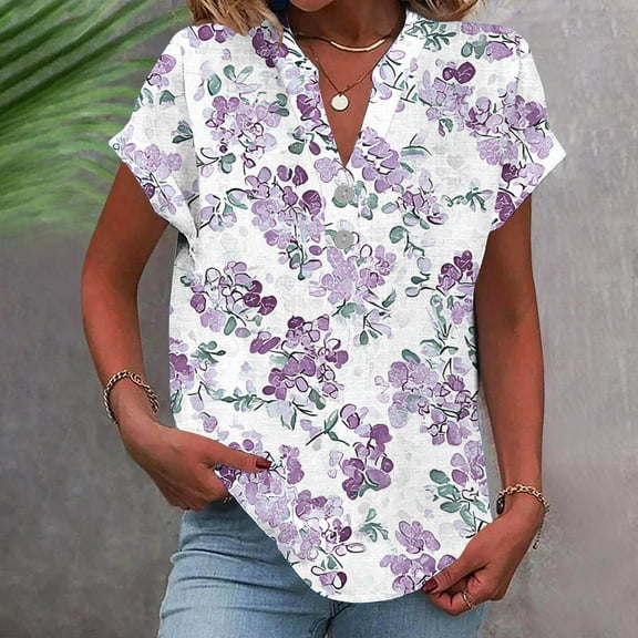 Shirts for Women under $10 Short Sleeve V-Neck Button Casual Printed Home T-shirt Blouses Blue L