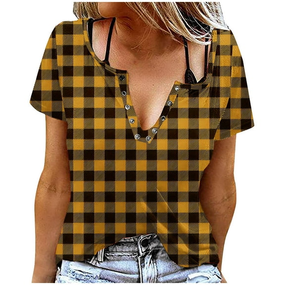 Shirts for Women under $10 Short Sleeve V-Neck Plaid Print Button Round-Neck T-shirt Blouses Yellow S