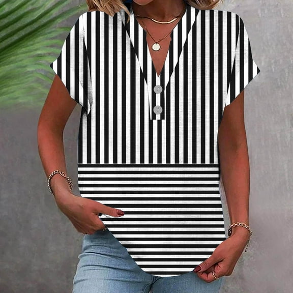 Shirts for Women under $10 Short Sleeve V-Neck Stripe Button Casual Printed Home T-shirt Blouses Black S