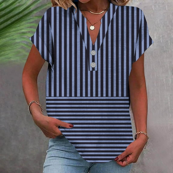 Shirts for Women under $10 Short Sleeve V-Neck Stripe Button Casual Printed Home T-shirt Blouses Dark Blue L