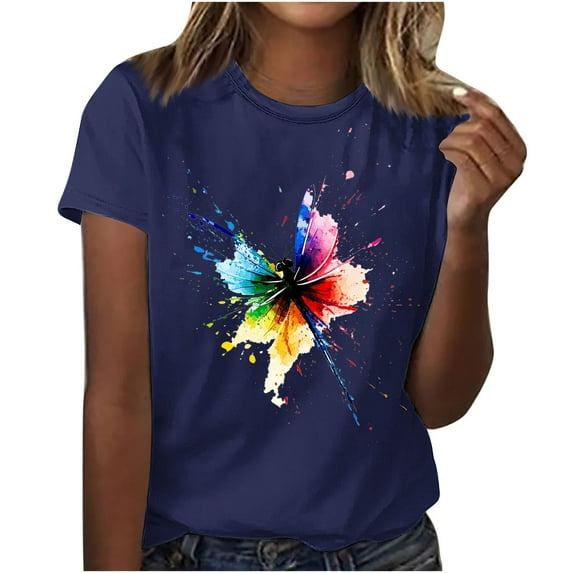 Shirts for Women under $10 Short Sleeved Round Neck Printed T-shirt Dark Blue L