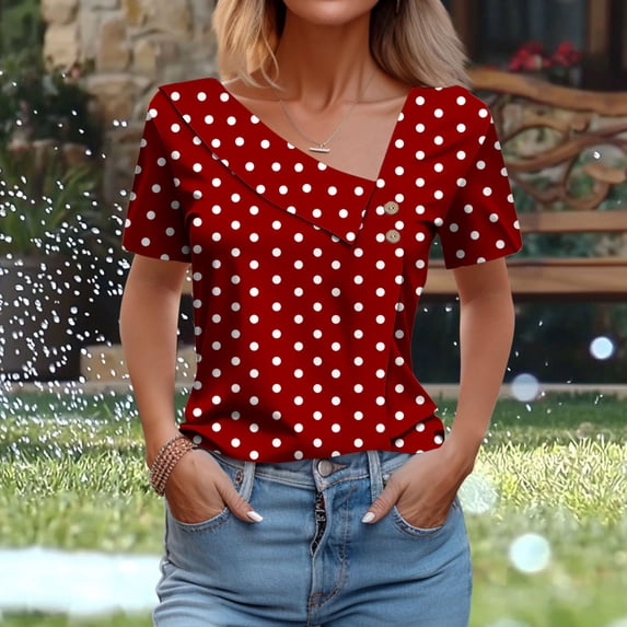 Shirts for Women under $10 Short Sleeved V-Neck Shirt Printed Button Casual T-shirt Wine S