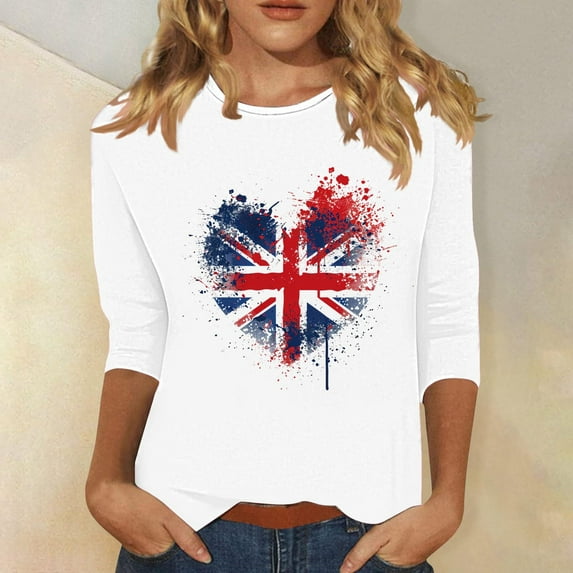 Shirts for Women under $5 3/4 Sleeve Independence Day Printed Round Neck Pullover Casual Top Multicolor