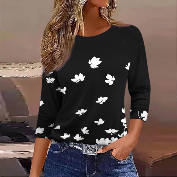 Shirts for Women under $5 3/4 Sleeve Round Neck Casual Print T-shirt Blouse Black