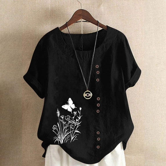 Shirts for Women under $5 Short Sleeve Round-Neck Floral Printed T-shirt Black
