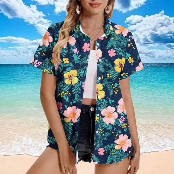 Shirts for Women under $5 Short Sleeved Hawaiian Printed Lapel Button Casual Blouse Multicolor