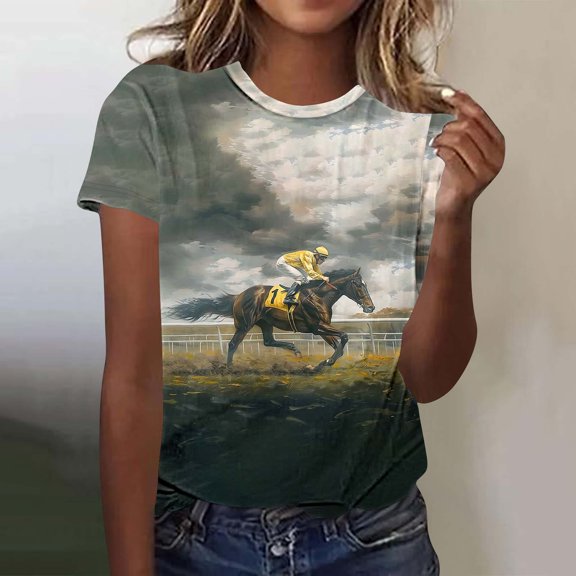 Shirts for Women under $5 Short-sleeved Round Neck Pullover Horse Printed Casual T-shirt Multicolor