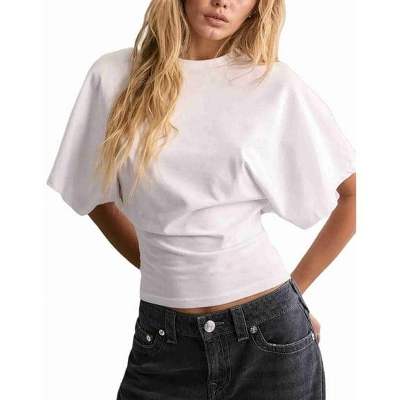 Shirts for Womens Crewneck Tighten Waist T-Shirt Casual Short Sleeve Workout Tops Solid Color Basic Tees White S