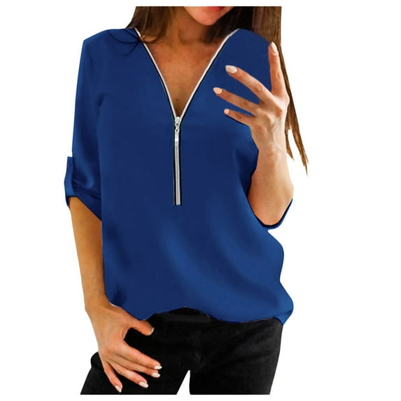 Shirts for women's Chiffon Casual V Neck Long Sleeve Zipper Front Loose Shirt Top Blouse Blouses for Women
